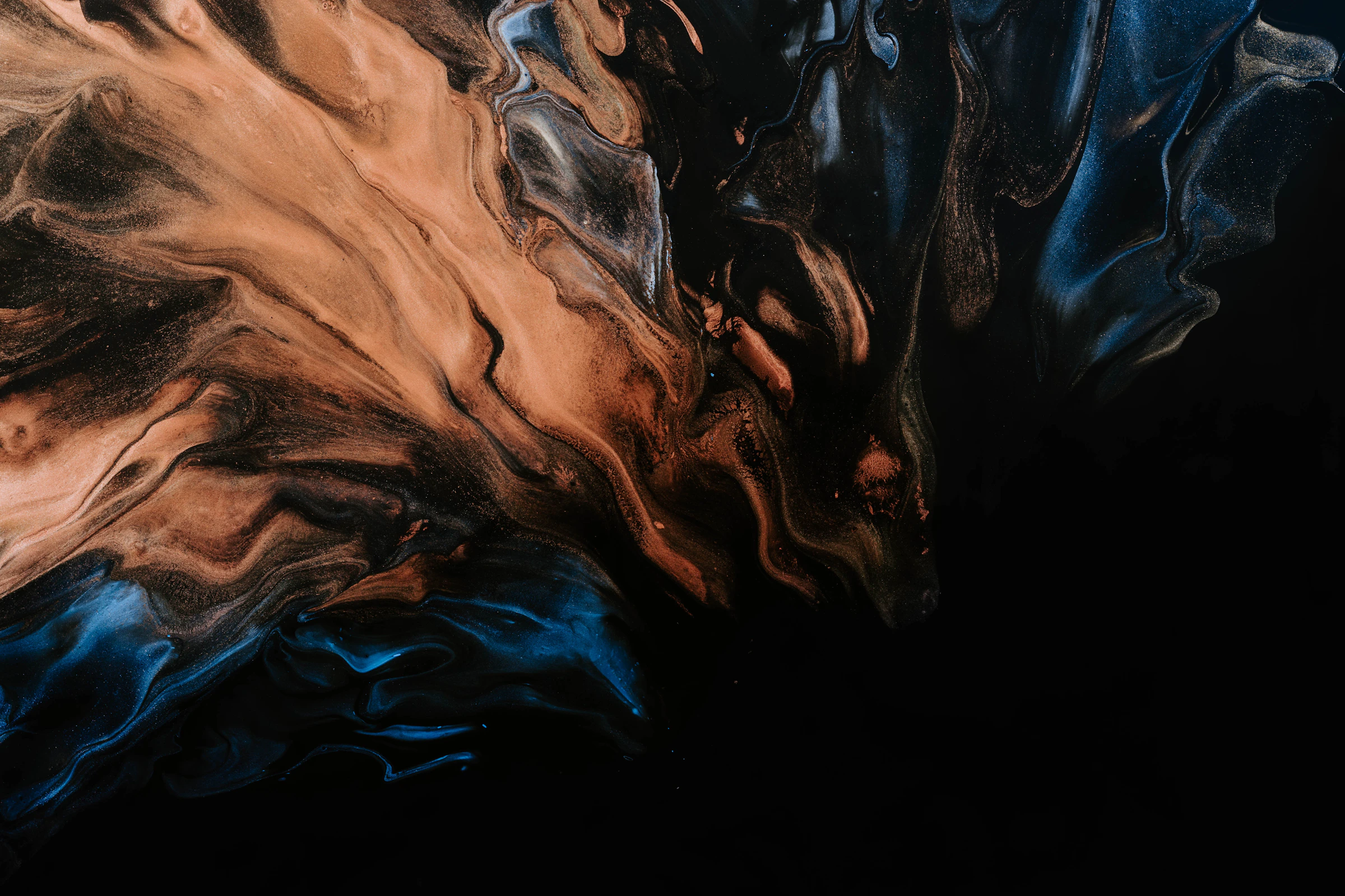 Abstract geological painting with amber and teal tones