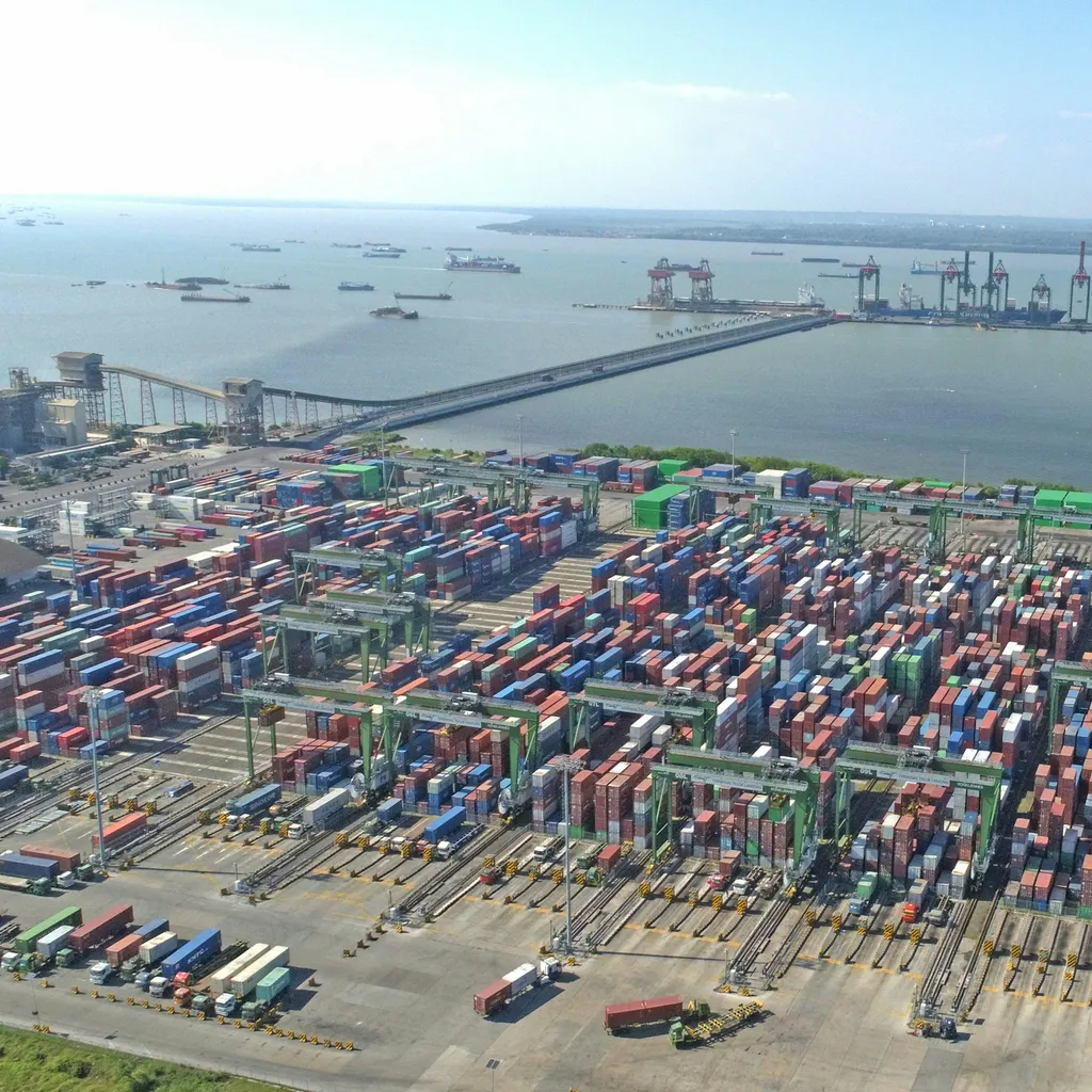 Aerial container port at twilight