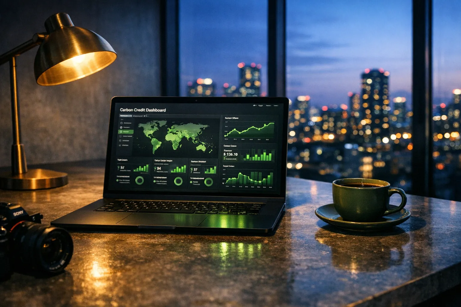 [Image: Product launch — dashboard on laptop, cityscape dusk backdrop, green screen glow]
