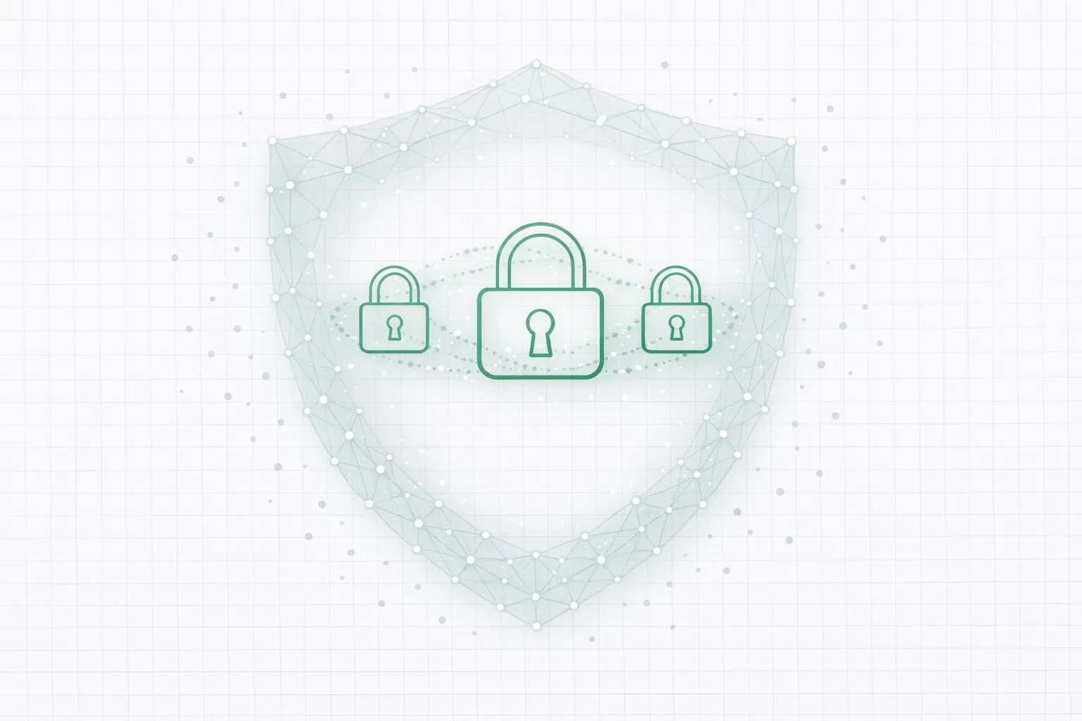 Abstract privacy shield — geometric lines, lock icons, data streams on mint background